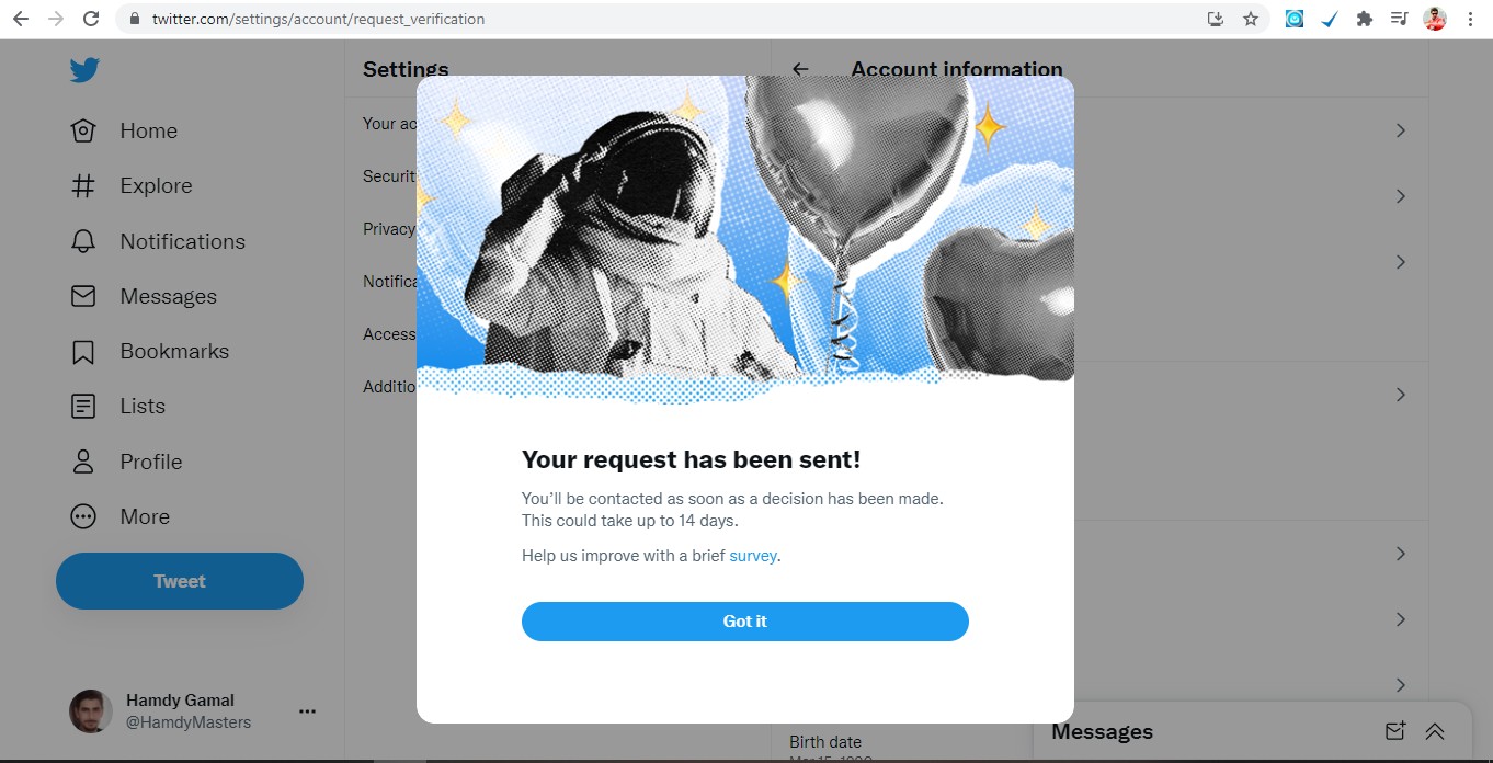 Twitter let accounts to request a verification badge